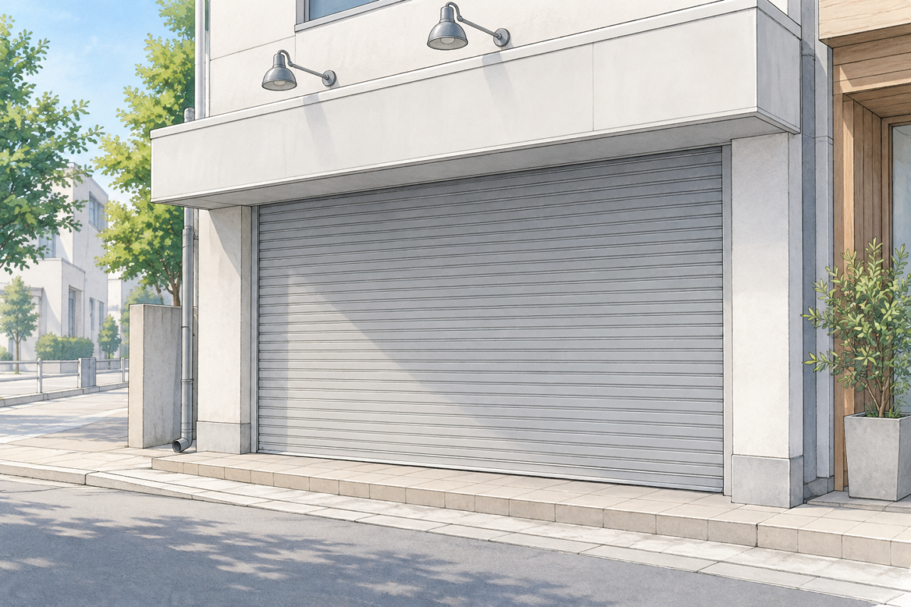 シャッターの下りた店先のイラスト