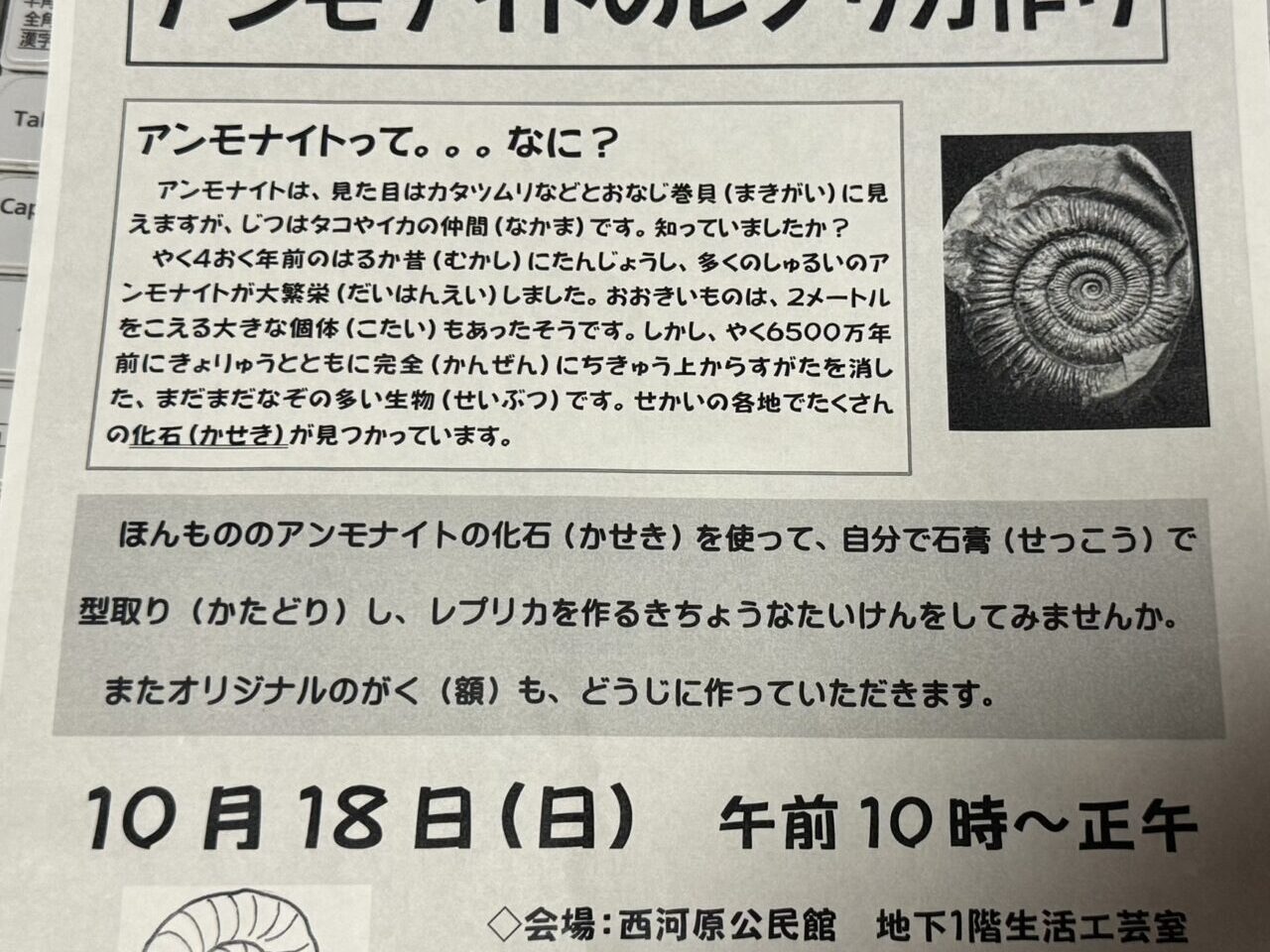 西河原公民館で開催されるアンモナイトのレプリカ作りの案内チラシ