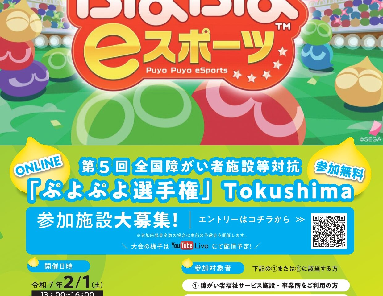 第5回全国障がい者施設等対抗「ぷよぷよ選手権」Tokushimaに関するイベント内容。画像提供：関係者様