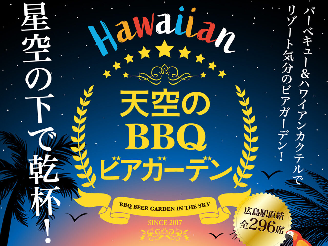 天空のBBQビアガーデンを紹介するポスター風の宣伝ビジュアル