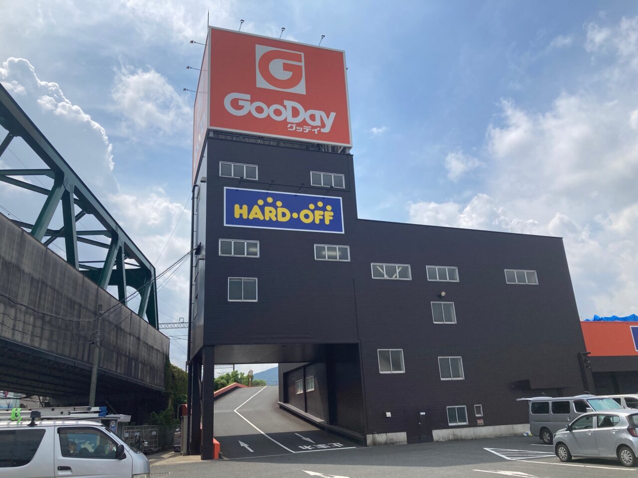 グッデイ八幡東店の建物とハードオフの看板