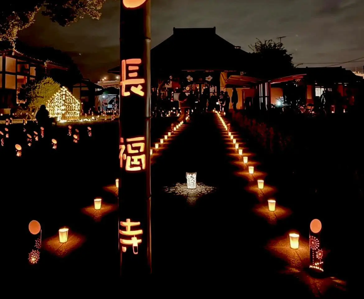 手作りの竹灯籠が参道や境内に並べられ、幻想的な光景が広がります。