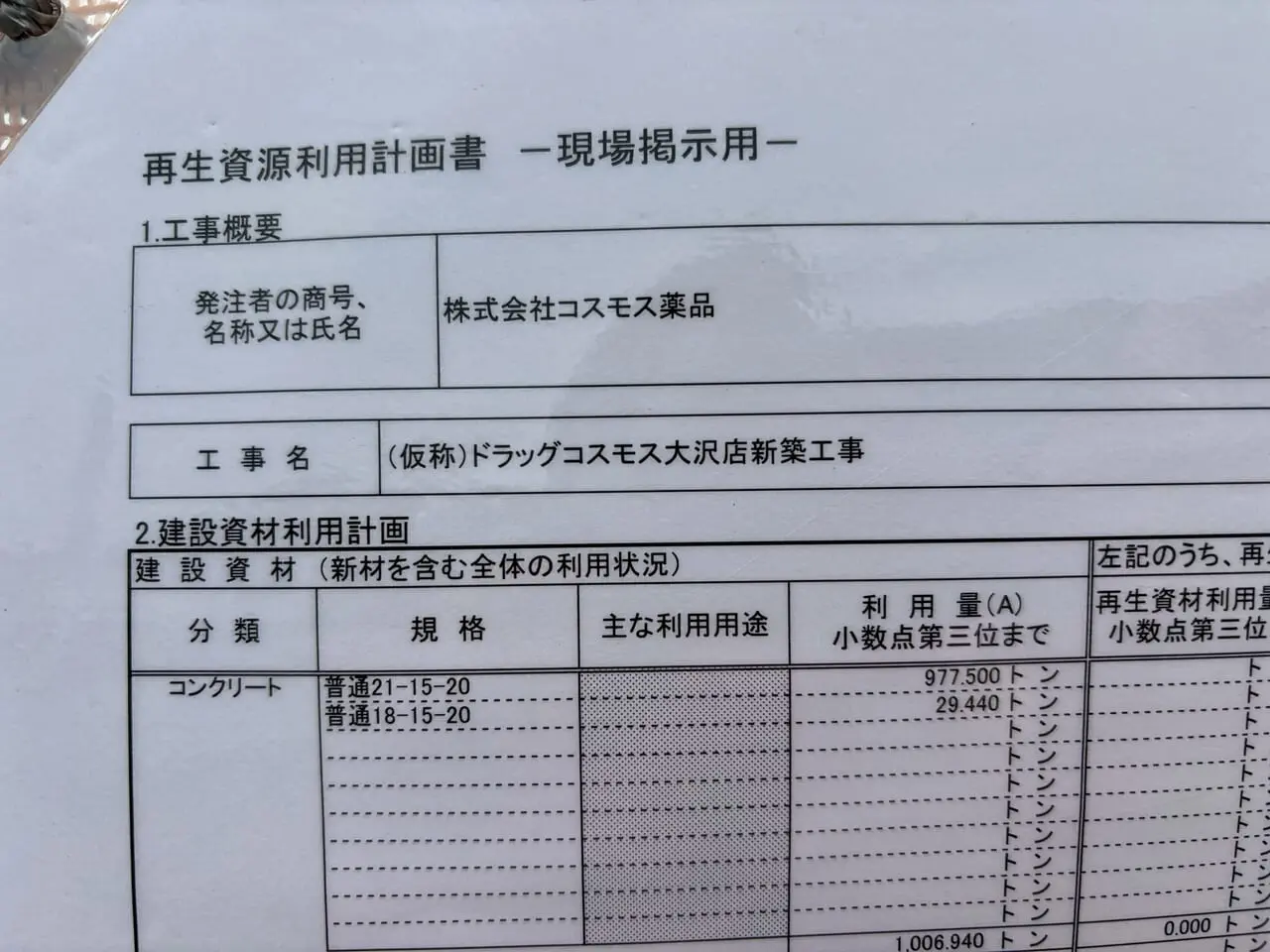 工事名　(仮称)ドラッグコスモス大沢店新築工事