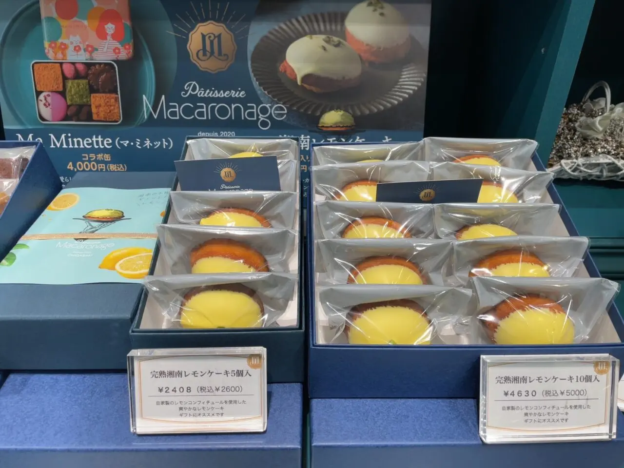 完熟湘南レモンケーキのギフトセット（5個入2,408円／税込2,600円、10個入4,630円／税込5,000円）と「Ma Minette（マ・ミネット）コラボ缶4,000円（税込）」の案内