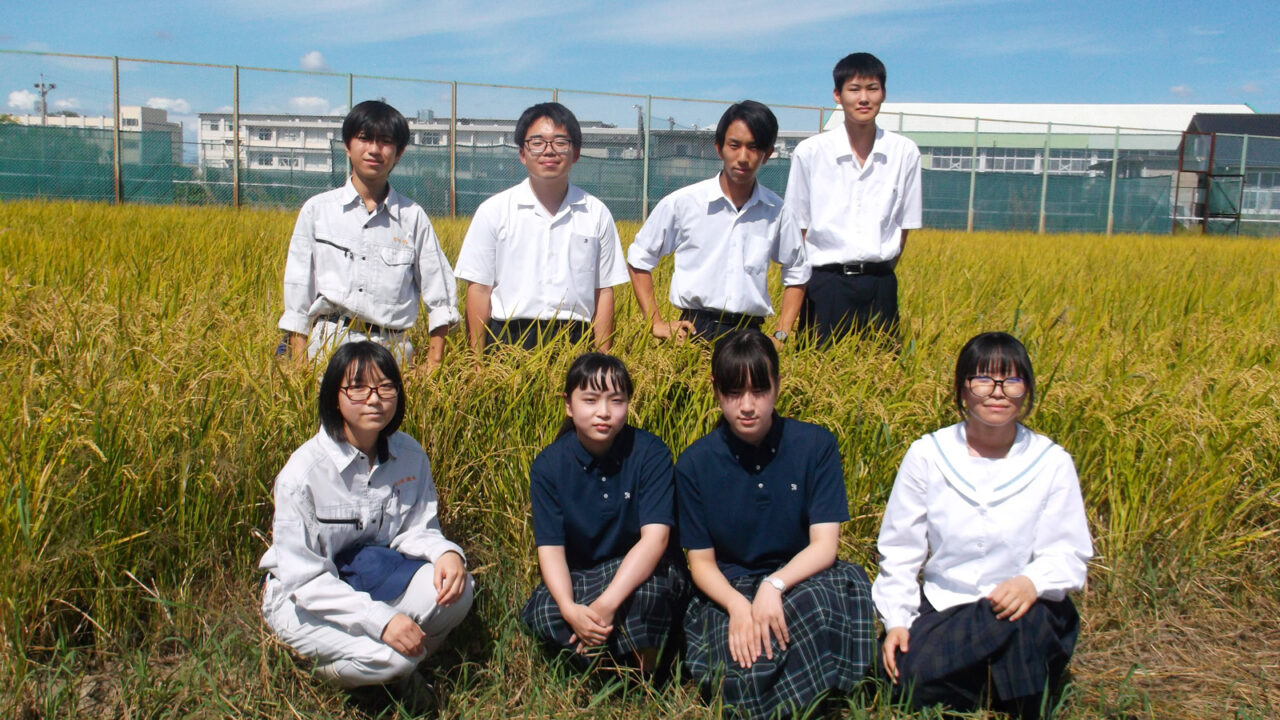 水田の前で集合写真を撮る愛知県立佐屋高校科学部の生徒たち