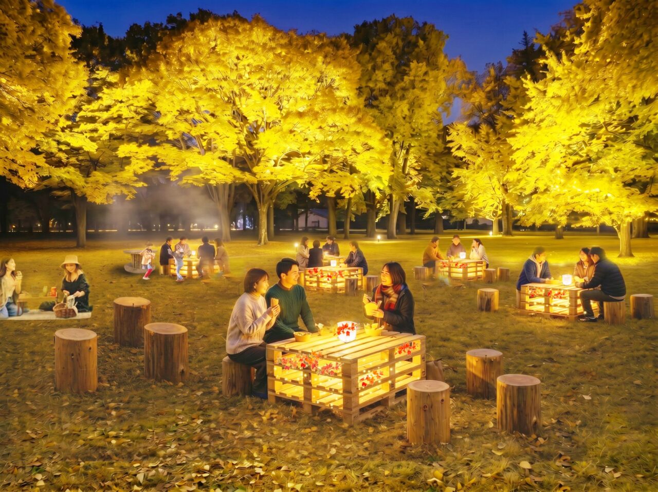 ライトアップで黄金色に照らされた夜の小金井公園の広場。間伐材やアップサイクル素材で作られたテーブルやベンチ、丸太の椅子に腰掛け、多くのグループや家族連れが飲食や会話を楽しんでいる様子